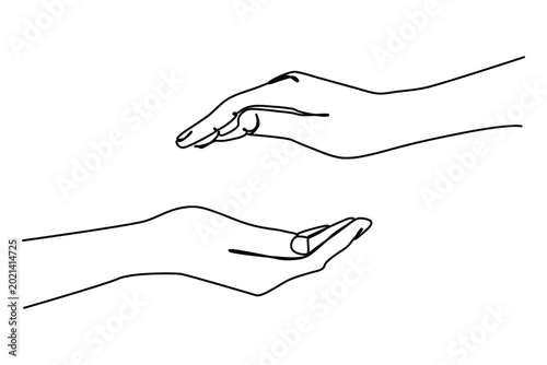 One line art of Two hands protection gesture. Single continuous line hand hold elements graphic icon. Simple one line doodle for education concept.