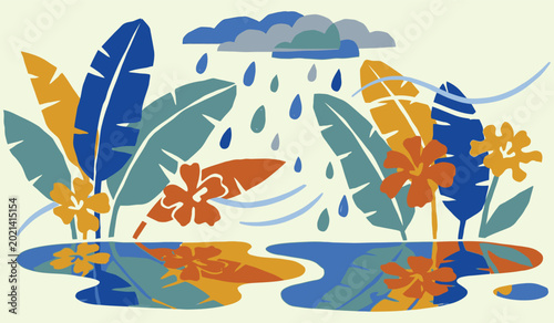 Bild auf Leinwand A vibrant vector illustration depicting a tropical rainstorm with lush foliage,