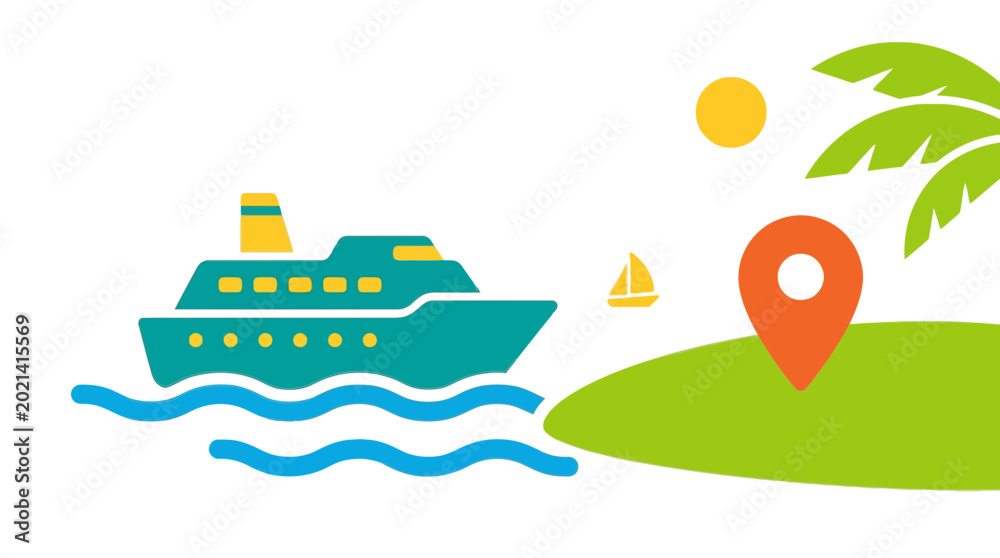 Fototapeta premium Cruise ship sailing on blue waves towards a tropical island with a sun and palm tree.