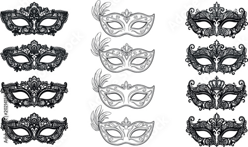 Cuadro en lienzo Elegant masquerade mask vector set featuring intricate lace patterns and feathered venetian styles for carnival, ball, party, and mysterious event graphic designs