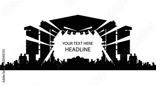 Foto Silhouette illustration of a large music concert stage with a crowd and headline text area