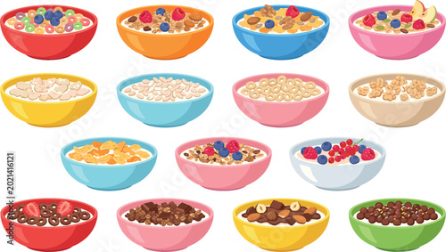 Bild auf Leinwand Healthy breakfast cereal bowls vector illustration with muesli oatmeal flakes fr