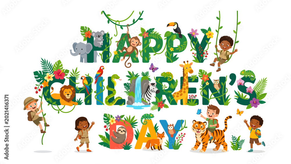 Obraz premium A Cheerful Children's Day: Delightful illustration of a cheerful Children's Day celebration, featuring lively children and adorable animals set amidst vibrant flora.