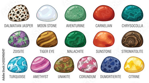 Foto Gemstone and Crystal Illustration Set with Jasper, Amethyst, Turquoise, Citrine, and Natural Mineral Rock Designs