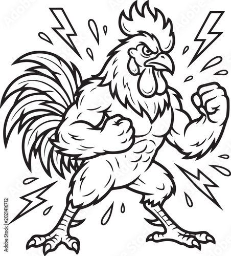 Bild auf Leinwand Strong muscular rooster character with lightning bolts mascot illustration