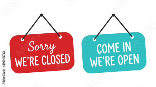 Tableau sur toile Open and Closed Hanging Sign Illustration Set with Business Store Status Boards for Shop Entrance and Retail Designs