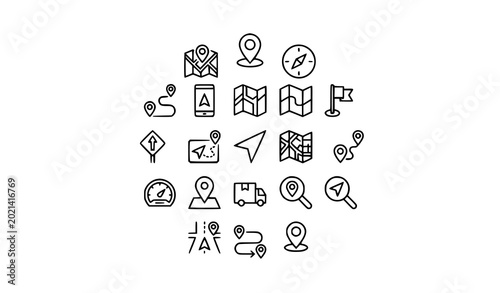 Bild auf Leinwand Navigation and Route Line Icons Collection with GPS Map Location Pin and Travel