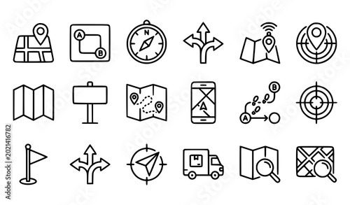 Foto Route Navigation Line Icons Set with Map Pin GPS Direction and Navigator Vector