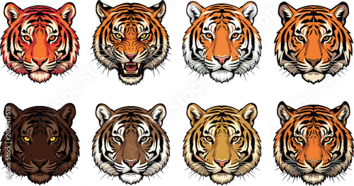 Photography Powerful tiger head vector set featuring various expressions and breeds including Siberian, Bengal, and black panther for mascot, tattoo, and wildlife designs