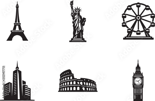 Landmark icon set with Eiffel Tower, Big Ben, Statue of Liberty and world city symbols.