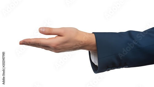 Business hand gesture, offering, presentation, navy suit, white background