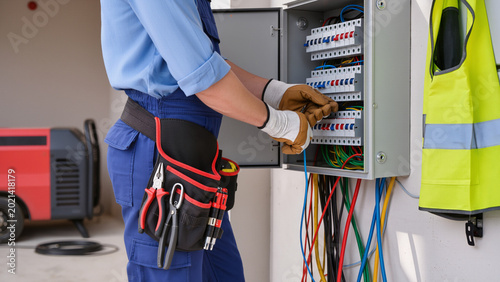 Foto Professional electrician performing maintenance on an electrical circuit breaker panel