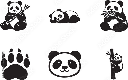 Tableau sur toile Cute panda icon set with adorable poses and bamboo motifs for playful animal vector designs