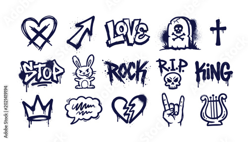 Konstfotografi Graffiti Doodle Icon Set with Rock Music Symbols, Hearts, Skull, Crown, and Urban Street Art Elements