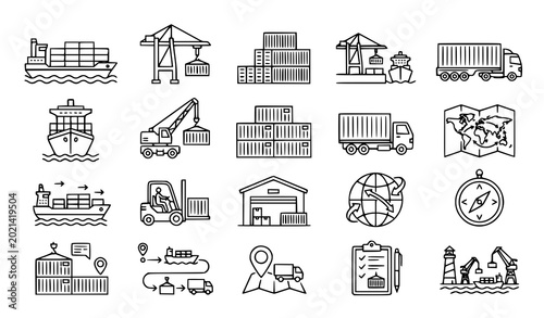 Foto Sea cargo delivery outline icon bundle vector logistics illustration set