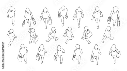 Conceptual CAD elements showing diverse individuals in overhead perspective for architectural site plans and design renderings