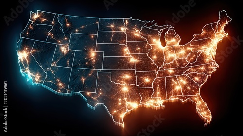 USA map, glowing cities