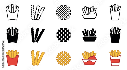 French fries and waffle fries icons collection featuring various styles including outline, solid, and vibrant colored illustrations for fast food menus and snack concepts.
