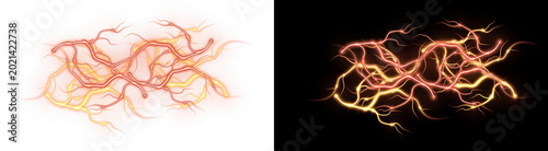 PNG isolated image of Glowing energy lightning bolts, electric plasma discharge effect, orange magical power surges, cinematic light trails for gaming and VFX isolated on Transparent Background
