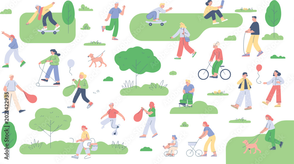 Fototapeta premium People Outdoor Park Activity Illustration Set with Walking Cycling Skateboarding Jogging Pets and Leisure Recreation Scenes
