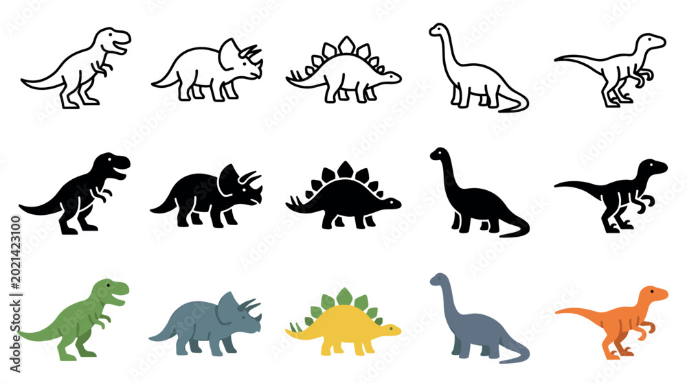 Fototapeta premium Various dinosaur illustrations are presented in outline, solid silhouette, and vibrant colored styles, perfect for educational materials or children's designs.