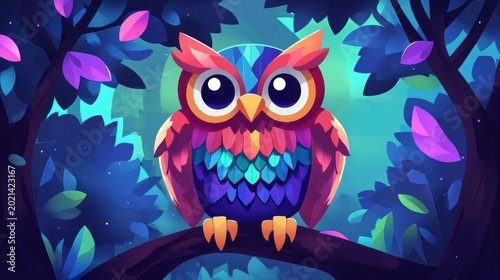 Colorful cartoon owl perched on a branch in a mystical forest at night.
