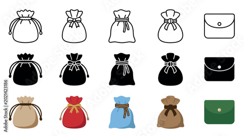 Collection of various money bags, gift pouches, and wallets presented in outline, solid, and colored icon styles for diverse design needs.