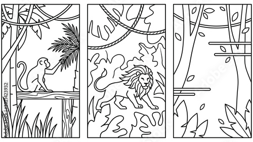 Photography Jungle scene with monkey, lion, and trees coloring page for kids.