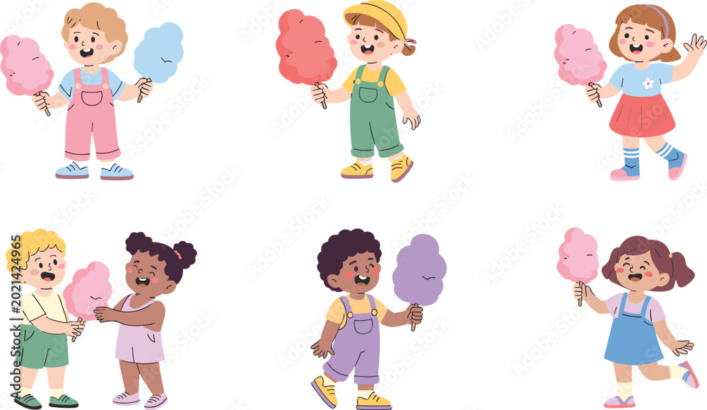 Fototapeta premium Diverse Cute Cartoon Children Character Set Eating and Sharing Fluffy Sweet Cotton Candy Treats for Amusement Park and Birthday Party Designs