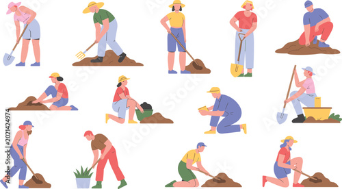 Agricultural Farmers and Gardeners Character Vector Set Digging Soil Planting and Working with Shovels for Organic Farming and Gardening Designs