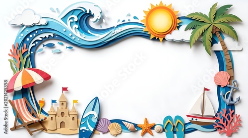 paper cut wave and beach elements summer sale as border on white background summer concept edition 