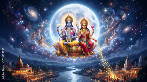 Divine Vishnu Lakshmi Blessings on Jyeshtha Purnima Night – Celestial Prosperity and Temple Worship Scene