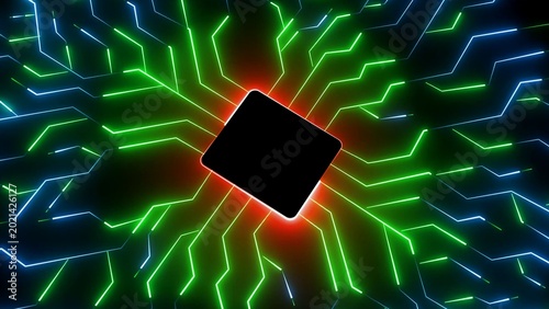 Quadro em tela Abstract digital processor unit with glowing green and blue circuit board pathwa