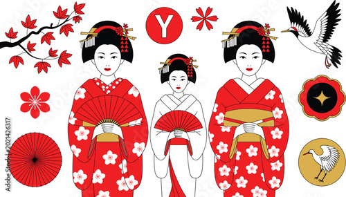 Cuadro en lienzo Traditional Japanese Geisha and Maiko Vector Element Set with Red Kimono, Crane,