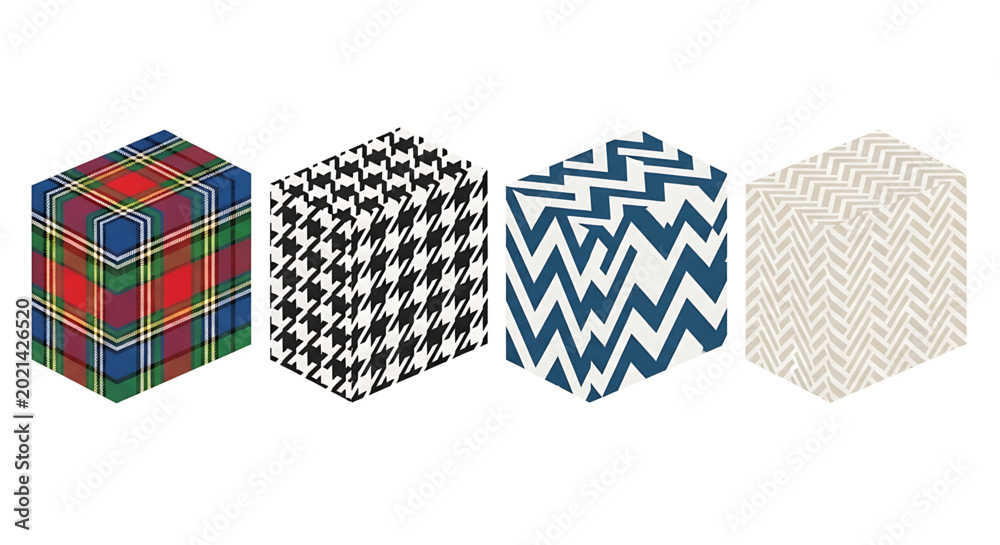 Obraz premium Set of four isometric cubes with different fabric patterns including tartan, houndstooth, chevron, and herringbone textures