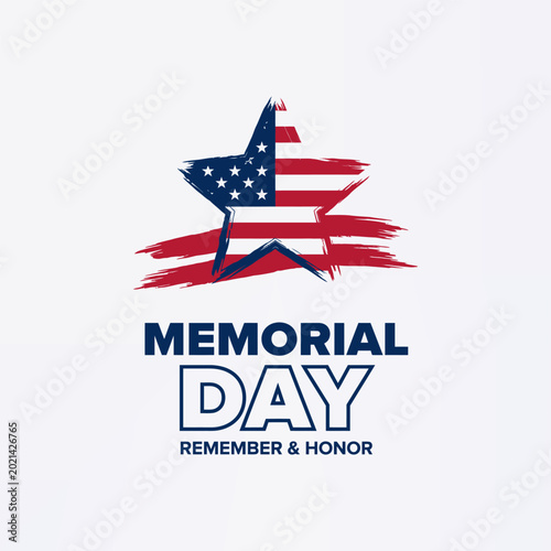 Memorial day patriotic star emblem with USA flag textures and bold typography for national holiday celebration remembrance honored heroes event graphic design isolated on light background illustration