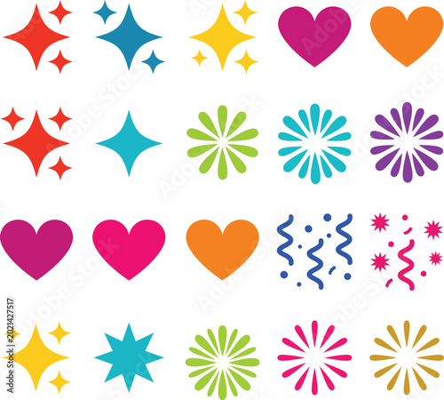 Colorful Decorative Vector Elements with Hearts Stars and Abstract Burst Shapes