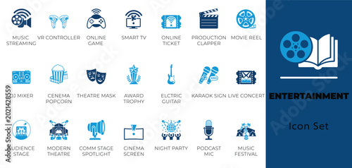 Entertainment solid glyph icon set. movie, music, podcast, and VR.