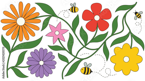 Bilde på lerret Whimsical floral illustration with buzzing bees and vibrant summer flowers, a de