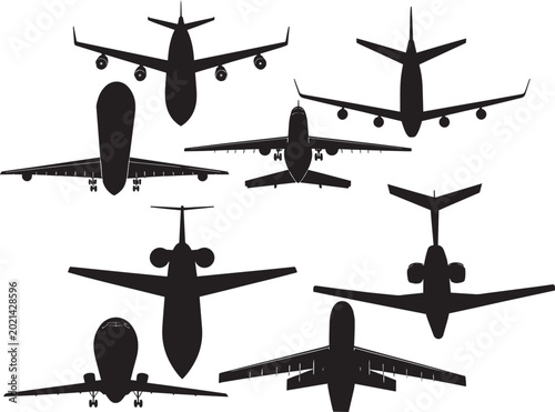 Airplane Silhouettes Vector Set Commercial Passenger Jets Aircraft Black Illustration