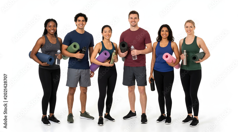 Obraz premium Diverse Group of Happy Men and Women in Activewear Holding Yoga Mats Isolated on White Background