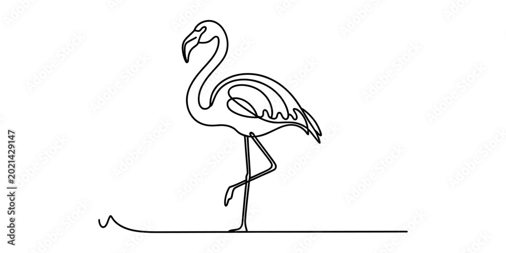Fototapeta premium Minimalist continuous line drawing of a flamingo standing on one leg, simple black outline on a white background Vector, illustration