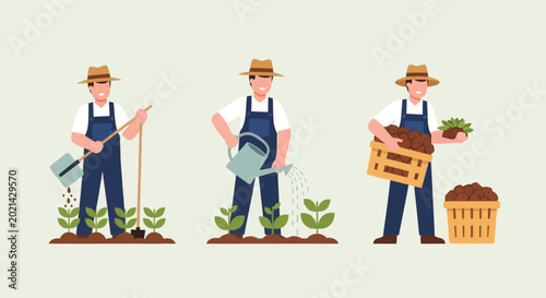 Farmer planting and watering plants, agriculture, growth, organic farming, healthy lifestyle