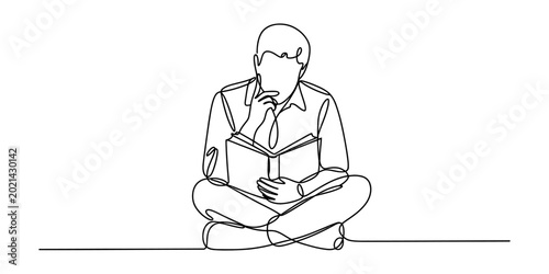 Quadro su tela Person sitting cross-legged reading a book with chin resting on hand, continuous