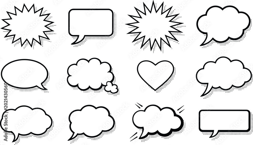 Fototapeta premium Blank Comic Speech Bubble Vector Set with Black Line Art Halftone Shadows and Heart Thought Clouds for Pop Art Graphic Designs