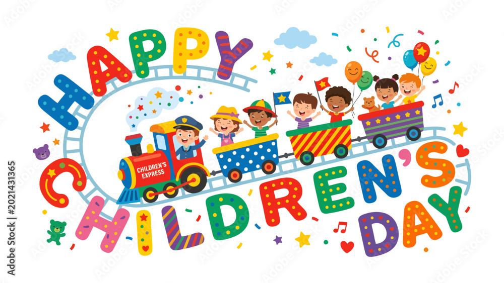 Fototapeta premium A Whimsical Children's Day Celebration: A vibrant illustration showcases a celebratory train ride, filled with joyful children, balloons, and musical notes.