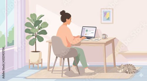 Obraz na płótnie Woman typing on laptop at home office desk with a napping cat, work from home