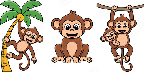 Canvas Print Cute Cartoon Monkey Vector Set Hanging on Palm Tree and Vine for Kids Jungle Saf