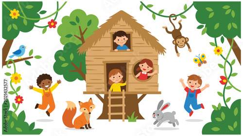 Canvas Print Children playing at treehouse with monkey, fox, bird, rabbit, and butterfly