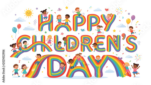 Quadro su tela Happy Children's Day Celebration: A vibrant, heartwarming illustration celebrating children's day, with joyful children and a rainbow-colored design expressing happiness and innocence